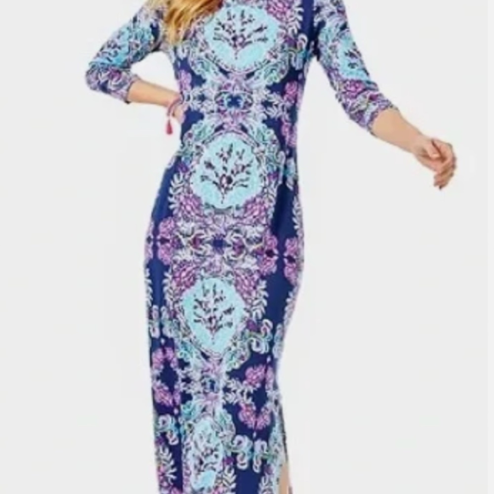 🌊 Lilly Pulitzer Morgann Maxi Dress | High Tide Navy Mermaid, 3/4 Sleeve | Sz L - Picture 5 of 5